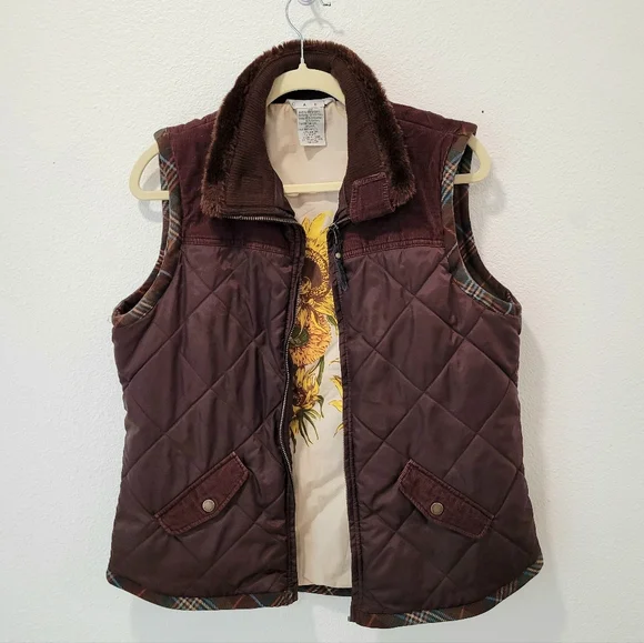 Cabi Brown Quilted Vest Womens L Faux Fur Collar Corduroy Plaid Sunflower Lining - Picture 1 of 5